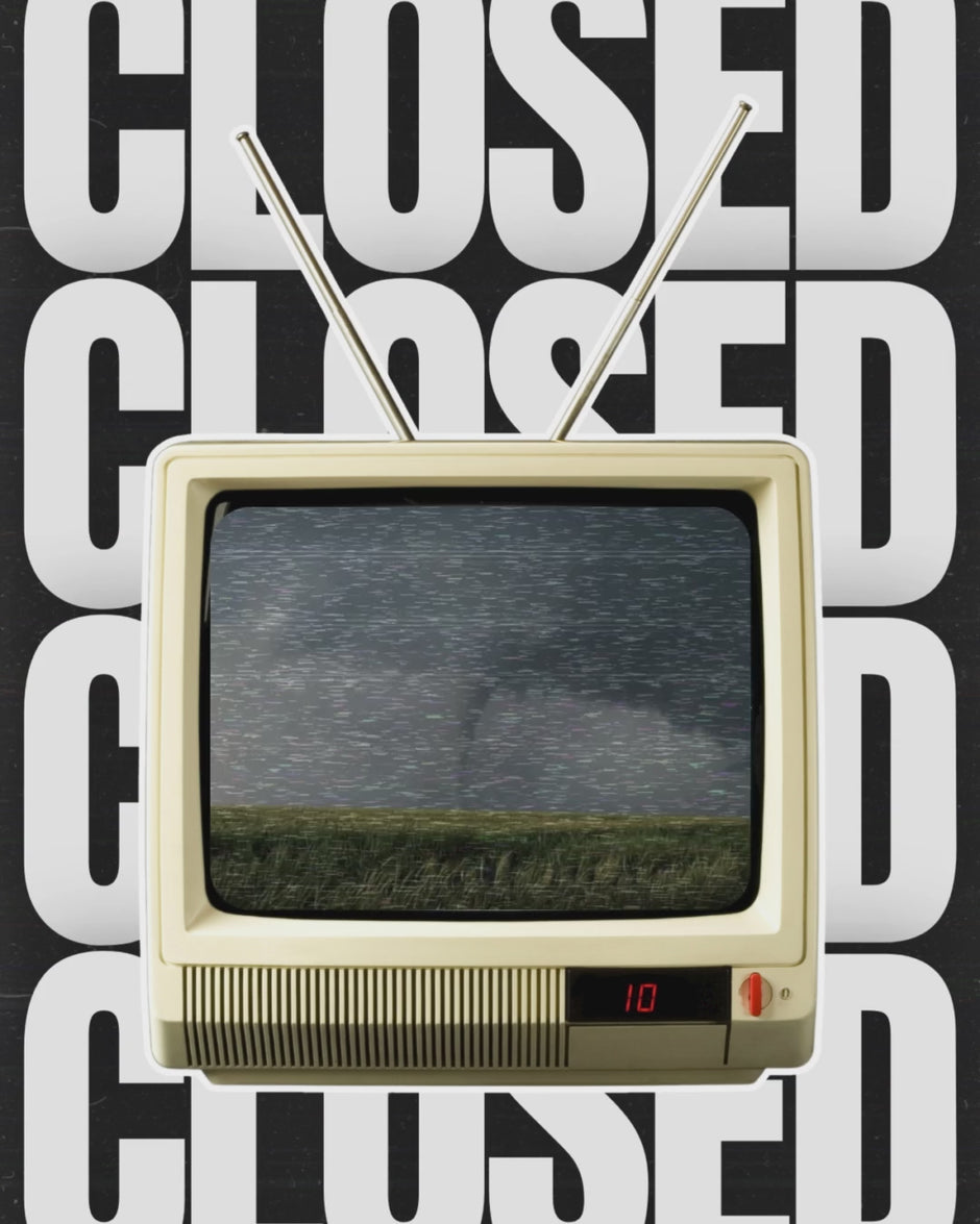 Closed Graphic with a Glitchy tornado video.
